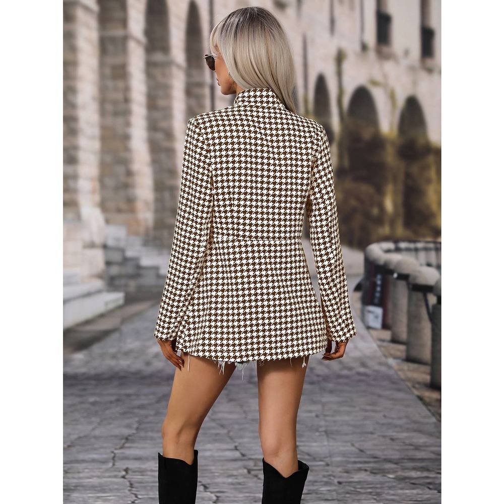 Notched Collar Houndstooth Print Open Front Peaco… - image 5